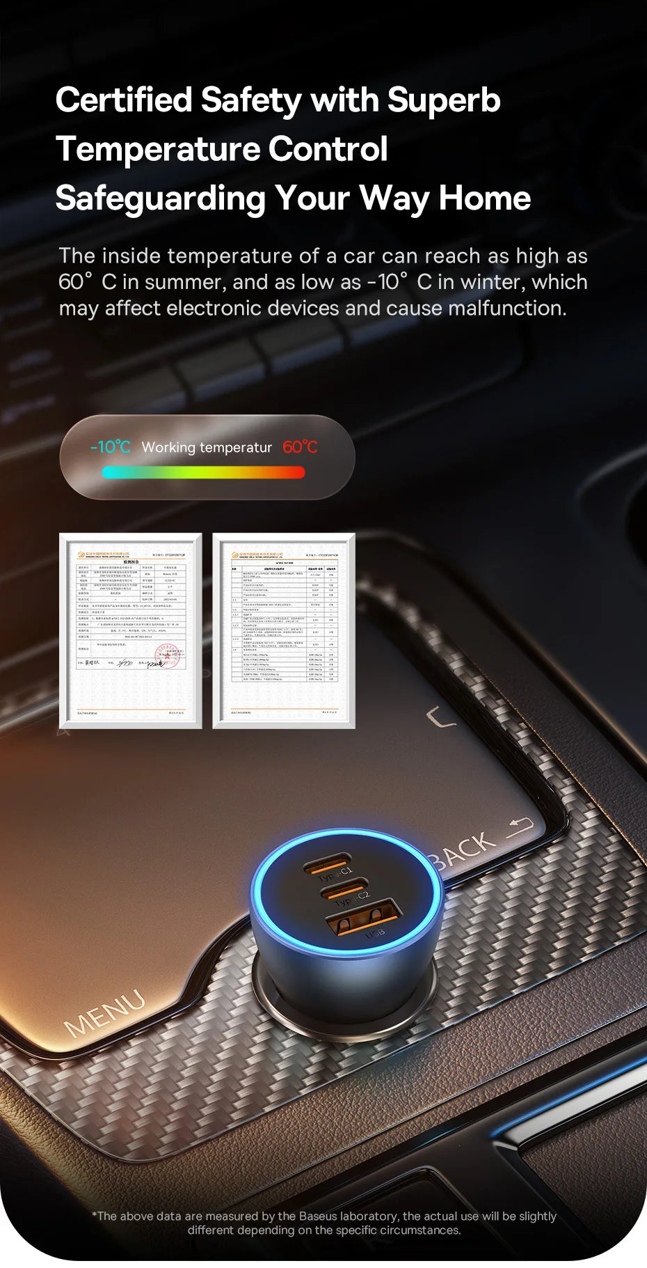 Baseus 65W Car Charger — 3-Port USB-C & USB-A, Fast Charging