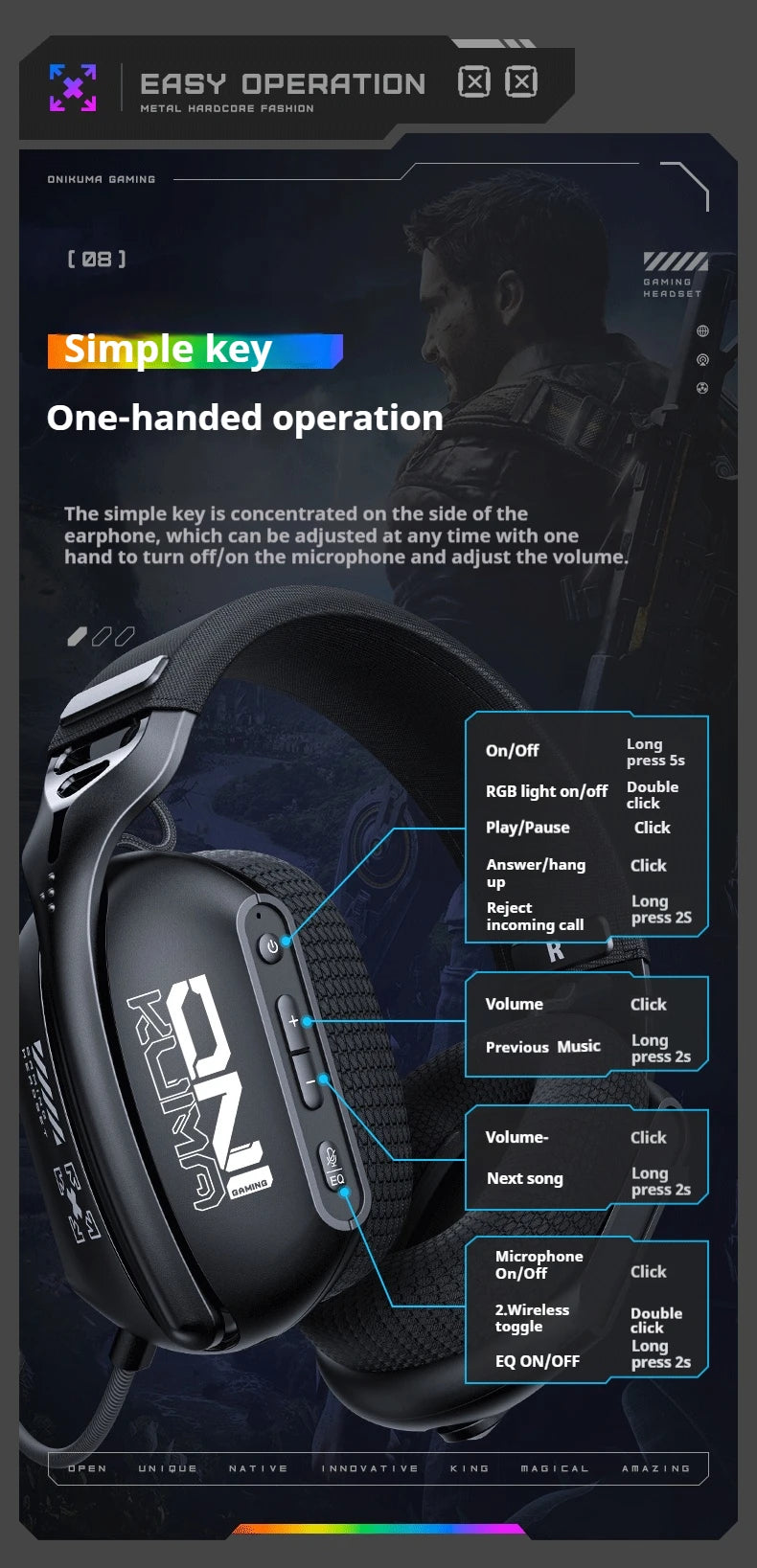 ONIKUMA GT808 Tri-mode Gaming Headset RGB Lighting 2.4G Wireless Gaming PC Wired Desktop with Headset   Ultra Long Life