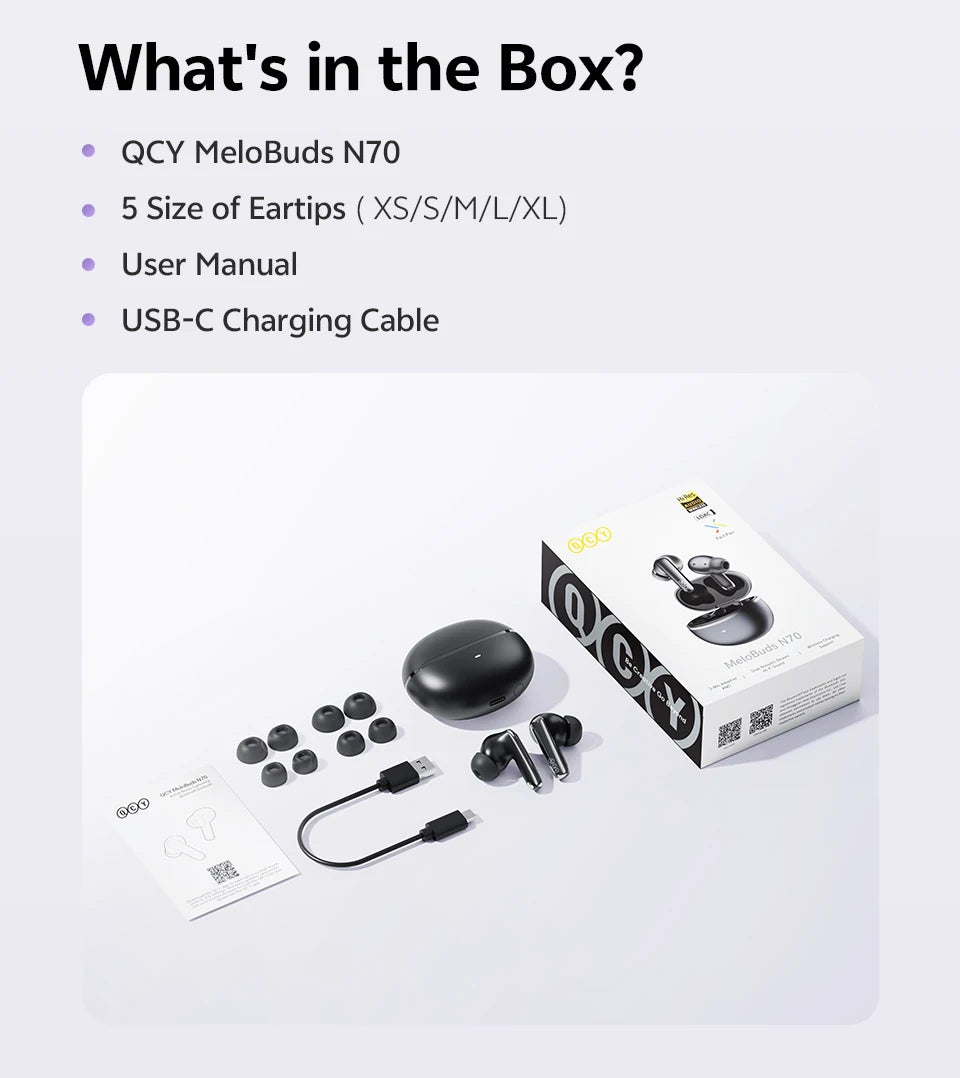 QCY MeloBuds N70 Wireless Earbuds – Adaptive ANC, LDAC Hi-Res, 50H Battery