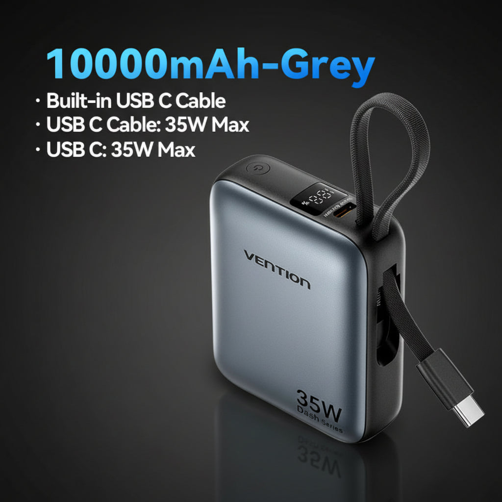 Vention 10000mAh Power Bank 35W – 3C Fast Charge, Built-In Cable, Digital Display, Beige / Gray
