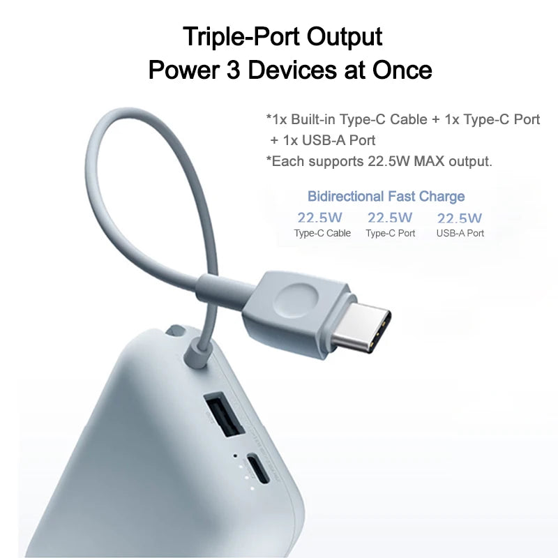 Xiaomi 10000mAh Pocket Power Bank – 22.5W Fast Charge, Built-In USB-C Cable, Triple Output
