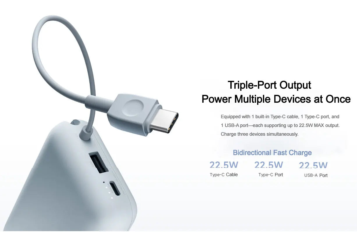Xiaomi 10000mAh Pocket Power Bank – 22.5W Fast Charge, Built-In USB-C Cable, Triple Output