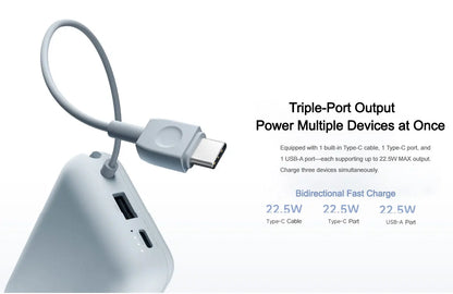 Xiaomi 10000mAh Pocket Power Bank – 22.5W Fast Charge, Built-In USB-C Cable, Triple Output