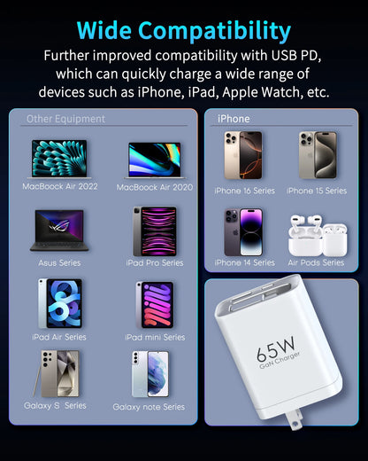 65W GaN 3-Port Travel Charger with Retractable USB-C Cable