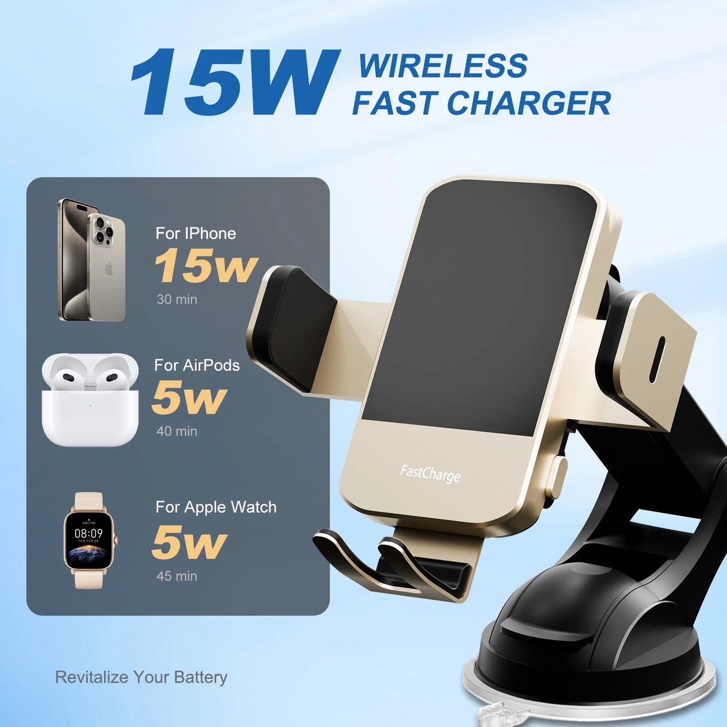 15W Wireless Car Charger & Phone Holder Mount
