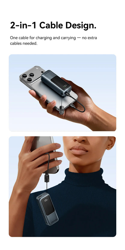 Vention 10000mAh Mini Power Bank – 22.5W Fast Charge, Built-In USB-C Cable, Digital Display