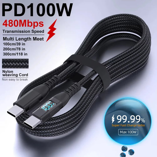 100W USB-C to USB-C Fast Charging Cable – Nylon Braided, 1m / 2m / 3m