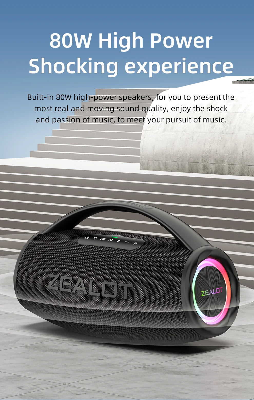 ZEALOT S97 80W Portable Bluetooth Speaker – RGB Lights, Waterproof, 360° Stereo, TWS