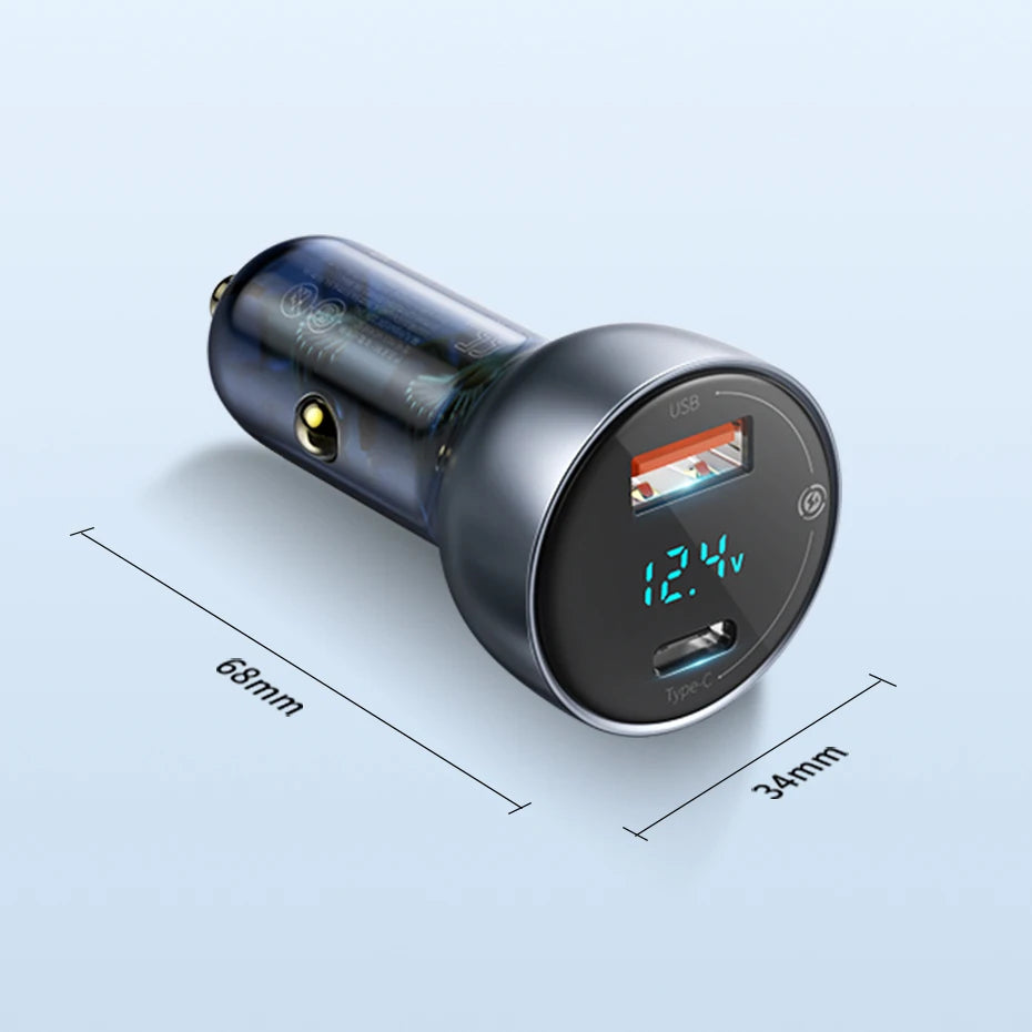 Baseus 65W PD Car Charger – QC 4.0 + QC 3.0, USB-C + USB-A, LED Display, Fast Charge