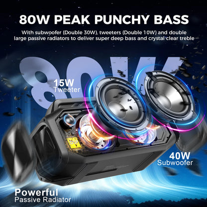 W-KING 80W Portable Bluetooth Speaker – Bass Boost, Stereo Pairing, IPX6, Reverse Charging