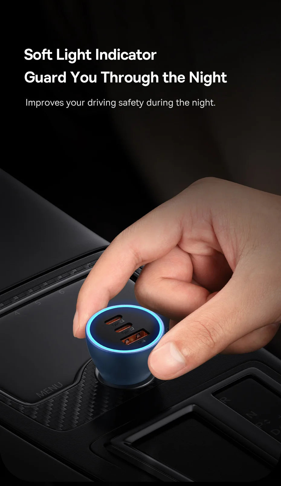 Baseus 65W Car Charger — 3-Port USB-C & USB-A, Fast Charging