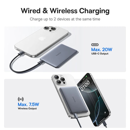 Baseus 5000mAh Magnetic Power Bank – 15W Wireless, 20W Wired, Card-Slim, MagSafe Compatible