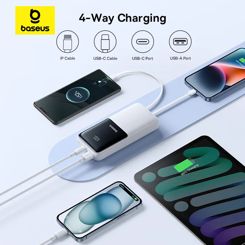 Baseus 20,000mAh Power Bank — 22.5W Fast Charging, Built-In Cables & Airline Approved
