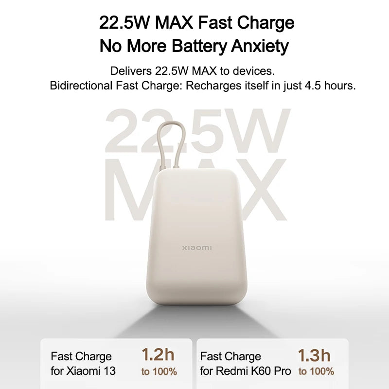 Xiaomi 10000mAh Pocket Power Bank – 22.5W Fast Charge, Built-In USB-C Cable, Triple Output