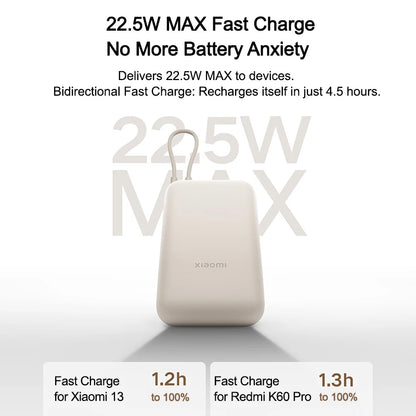 Xiaomi 10000mAh Pocket Power Bank – 22.5W Fast Charge, Built-In USB-C Cable, Triple Output