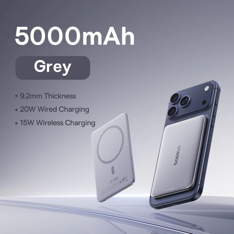 Baseus 5000mAh Magnetic Power Bank – 15W Wireless, 20W Wired, Card-Slim, MagSafe Compatible