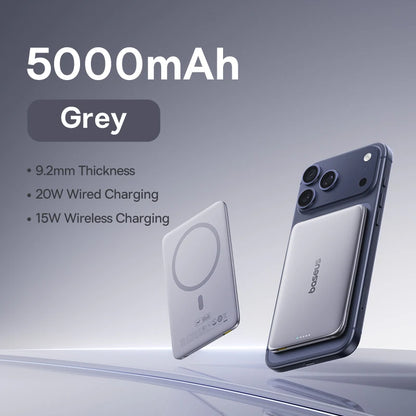 Baseus 5000mAh Magnetic Power Bank – 15W Wireless, 20W Wired, Card-Slim, MagSafe Compatible
