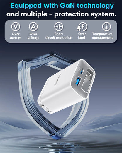 65W GaN 3-Port Travel Charger with Retractable USB-C Cable