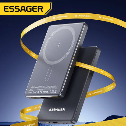 Essager Slim Magnetic Power Bank — 5000mAh, 20W Wireless, MagSafe iPhone 14–17