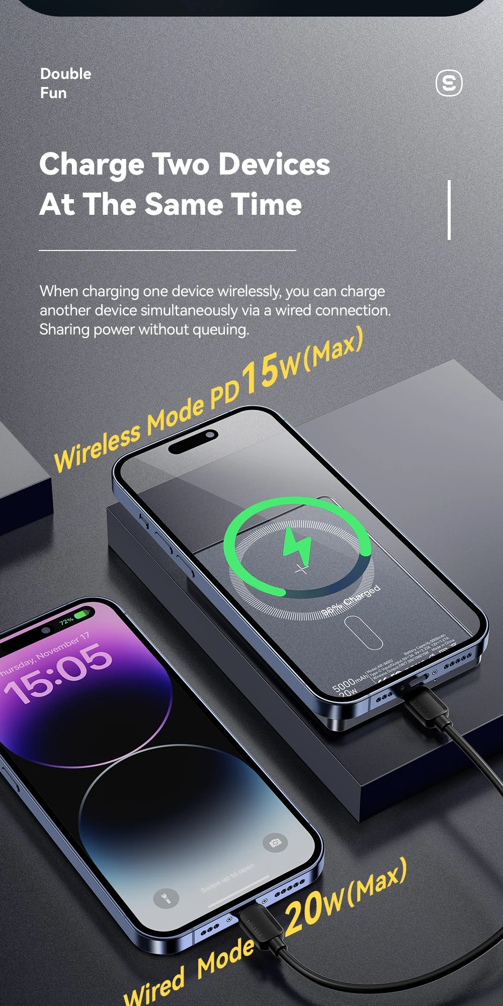 Essager Slim Magnetic Power Bank — 5000mAh, 20W Wireless, MagSafe iPhone 14–17