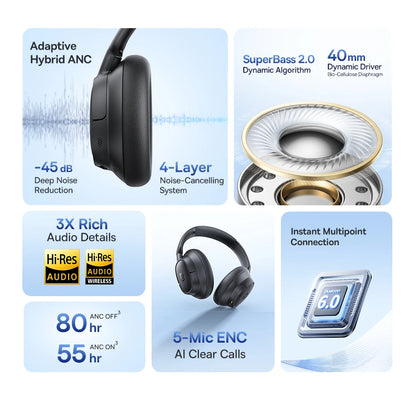 Baseus Bass EH10 NC ANC Headphones  -45dB Noise Cancelling, Bluetooth 6.0, 80Hr Battery, Spatial Audio