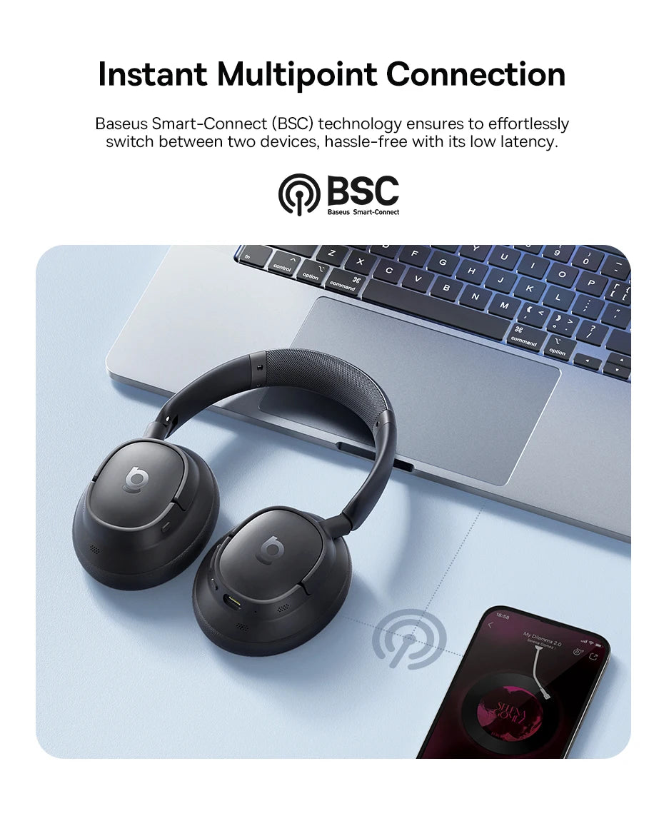 Baseus Bass EH10 NC ANC Headphones  -45dB Noise Cancelling, Bluetooth 6.0, 80Hr Battery, Spatial Audio