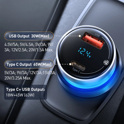 Baseus 65W PD Car Charger – QC 4.0 + QC 3.0, USB-C + USB-A, LED Display, Fast Charge