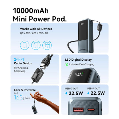 Vention 10000mAh Mini Power Bank – 22.5W Fast Charge, Built-In USB-C Cable, Digital Display
