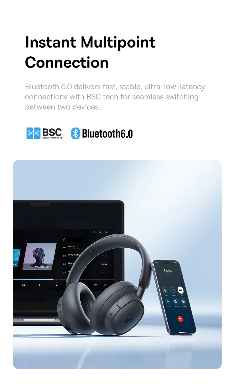 Baseus Bass EH10 NC ANC Headphones  -45dB Noise Cancelling, Bluetooth 6.0, 80Hr Battery, Spatial Audio