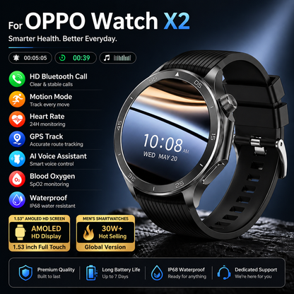 OPPO Watch X2 Smartwatch – GPS, Heart Rate, AI Voice, Bluetooth Calling