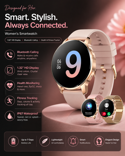 Women’s Smartwatch – 1.32" HD Display, Bluetooth Calling, Health & Fitness Tracker