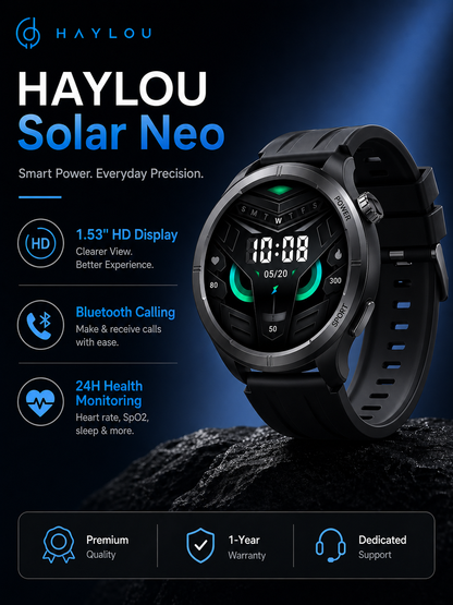 HAYLOU Solar Neo Smartwatch – 1.53" HD Display, 24H Health Monitoring, Bluetooth Calling