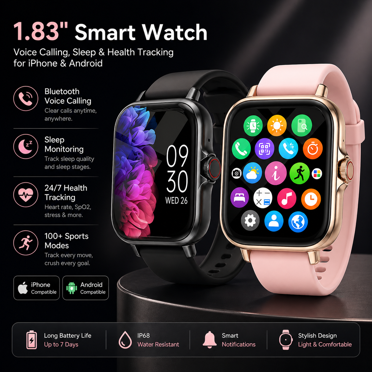 1.83" Smart Watch – Voice Calling, Sleep & Health Tracking for iPhone & Android